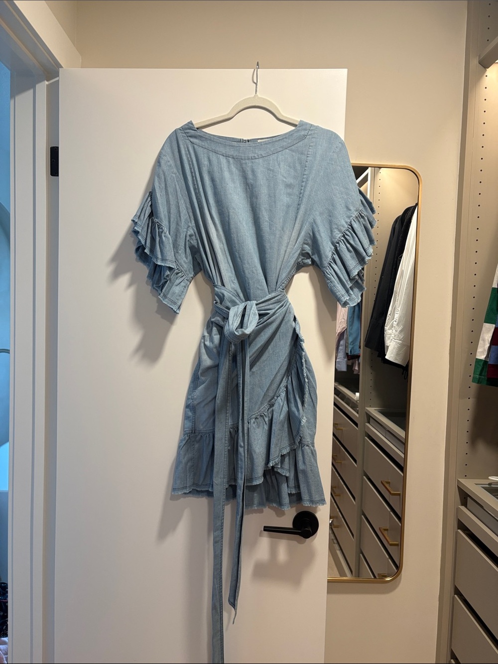 Étoile Isabelle Marant Soft Denim Ruffle Faux Wrap Mini Dress
